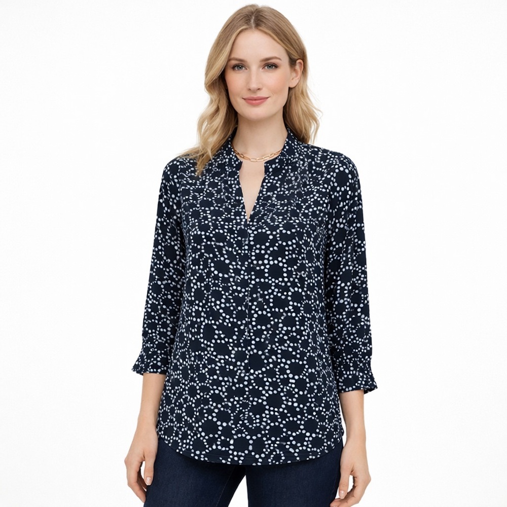 NIC+ZOE Indigo Multi Dot Print Blouse XS Polka Dot Split Neck Tie Waist Top NWT‎